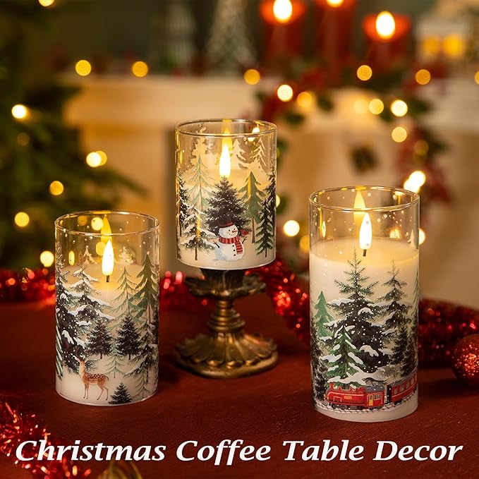 LUSHABOR Christmas Flameless Candles, 3 Pack Battery Operated Candles for Christmas Mantel Decor, Glass LED Flickering Candles Home Xmas Party Holiday D3 H4 5" 6", Trees