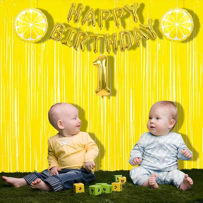 BRAVESHINE Foil Fringe Curtain Backdrop - 2 Pack Yellow Tinsel Photo Booth Backdrop Party Streamers for Easter, Birthdays, Christmas, Lemon, Pineapples, Kids' Party Decorations