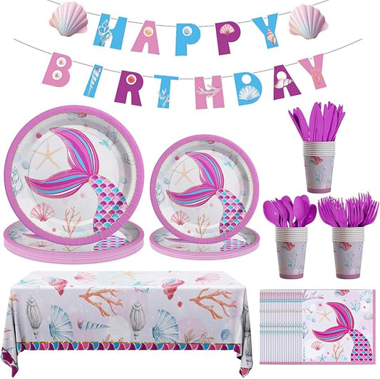 Mermaid Birthday Decorations, 170 Pcs Mermaid Party Supplies, Including Banner, Plates, Cups, Napkins, Cutlery and Tablecloths, Serves 24
