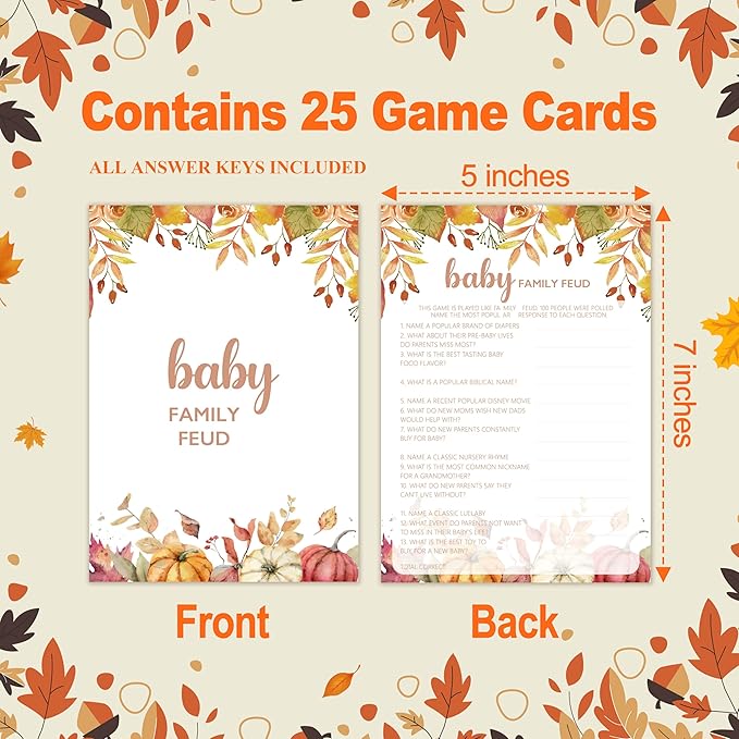 Baby Shower Games Cards, Autumn Baby Family Feud, Thanksgiving Boy or Girl Baby Gender Reveal Party Favors Decorations and Supplies, 25 Pcs Double-Sided - E06