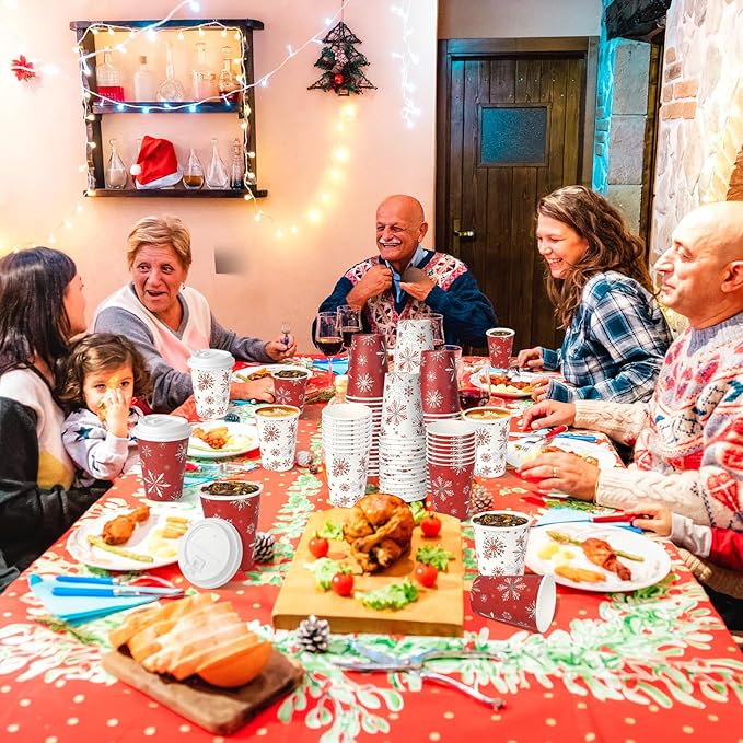 100Set Christmas Paper Cups with Lids 12oz, Bulk Disposable Winter Red Snowflake Cups Coffee Cups, Holiday Paper Cups for Hot Chocolate Cold Drinks Christmas New Year Winter Party Supplies Decorations