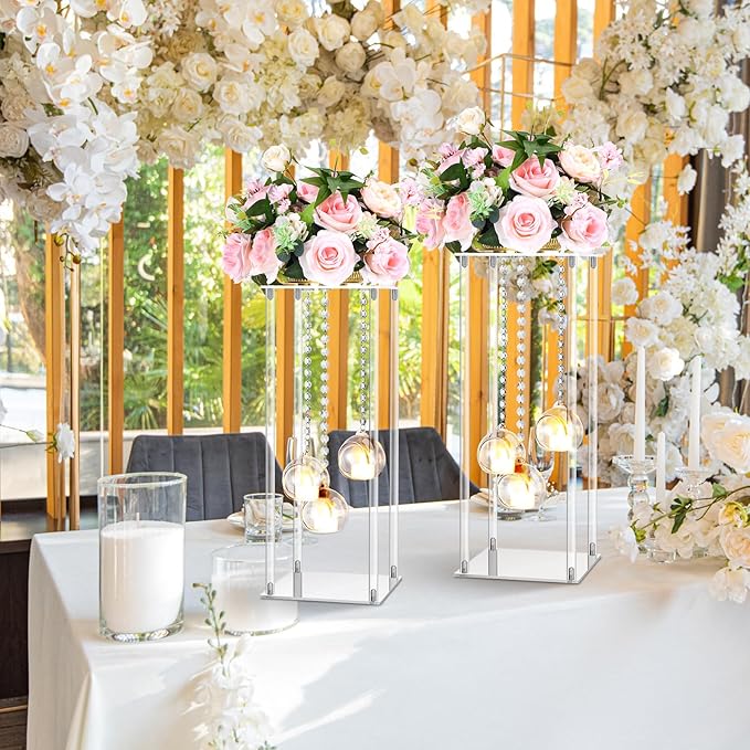 Yerliker 2 Sets 20'' Tall Acrylic Flower Vase Wedding Centerpieces Flowers Stand with Hanging Glass Tealight Globe Candle Holders, Crystal Garland Strands and Self Adhesive Hook (Cuboid)