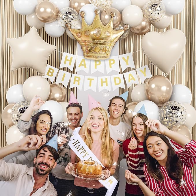 White & Gold Birthday Decor - Cream Champagne Gold Balloons, Banner, Foil Balloons, Fringe Curtain for Boho Party Supplies