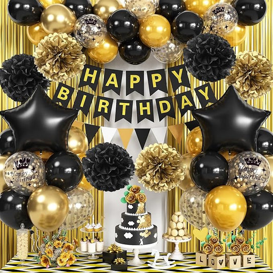 Black Gold Birthday Decorations, Gold Black Foil Confetti Balloons Foil Balloon Happy Birthday Banner Pom Poms Fringe Curtain for Men Women Bday Party Decoration Supplies