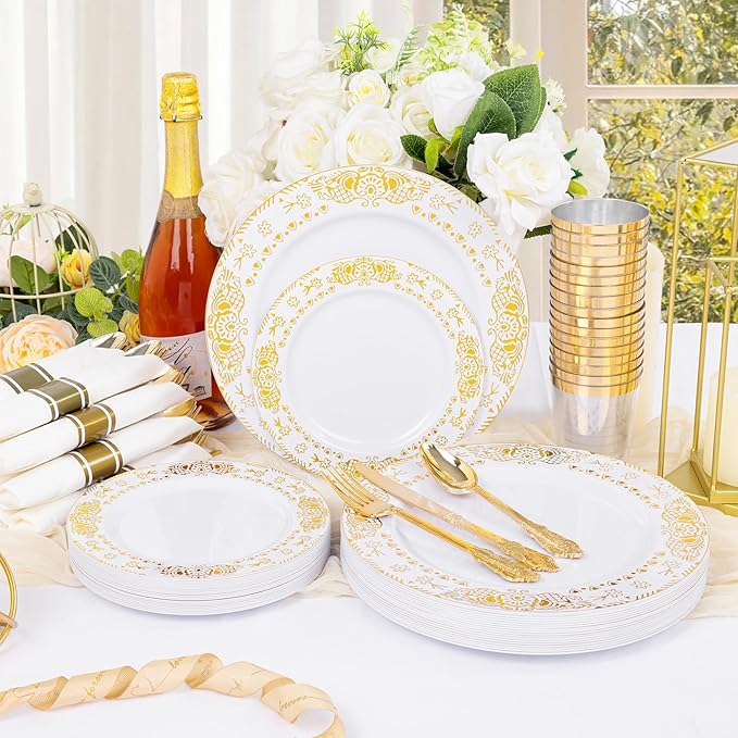 GATHER 350PCS White and Gold Plastic Plates - Gold Disposable Dinnerware Set Include 50 Dinner Plates, 50 Dessert Plates, 150 Gold Plastic Silverware, 50 Napkins, 50 Cups for Wedding & Christmas
