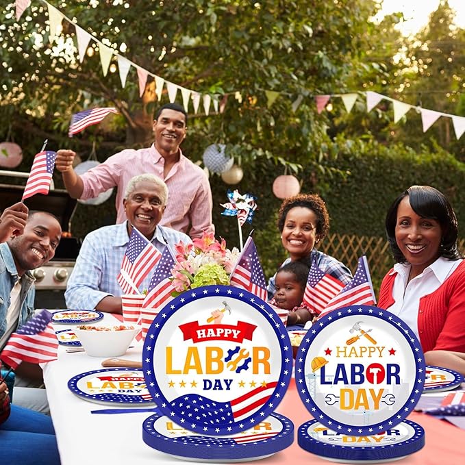 96 Pcs Labor Day Party Supplies for 24 Guests Labor Party Tableware Plates Napkins American Holiday Patriotic Dinnerware Table Decorations Happy Labor Day Party Favor for USA Independence Day