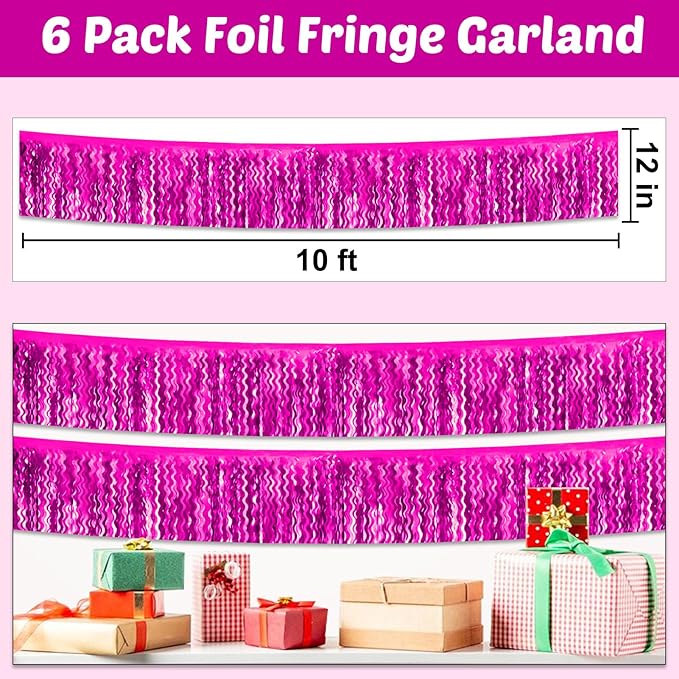 6 Pack 10 Feet Rose Red Wave Foil Fringe Garland Metallic Tinsel Streamers Banner Wall Hanging Curtain Backdrop for Parade Floats, Mother's Day, Easter, Wedding, Birthday Party Decoration