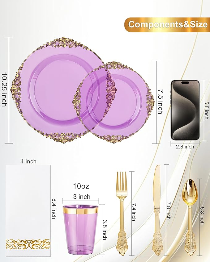 Nervure 175PCS Clear Purple Plastic Plates - Purple Party Plates Set for 25 Guests Include 25Dinner Plate, 25Dessert Plate, 25Cups, 75 Cutlery, 25Napkins Perfect for Wedding & Party & New Year
