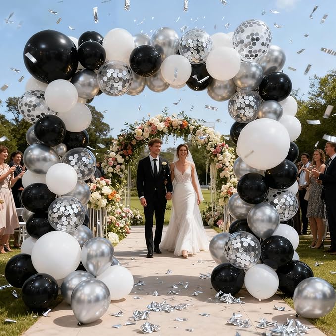 Black Silver Balloons Set,50pcs 12inch Metallic Silver Black White Pearl Silver Balloon with Confetti Latex Balloons for Birthday Wedding Graduation Anniversary Party Decorations