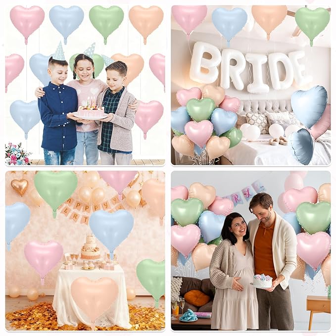 Pink Blue Green Heart Balloons, 10 Pcs Pastel Heart Shaped Balloon, 18 Inch Baby Pink Blue Sage Green Foil Balloons for Boho Garden Wildflower Brithday Baby Shower Valentines Tea Party Decoration