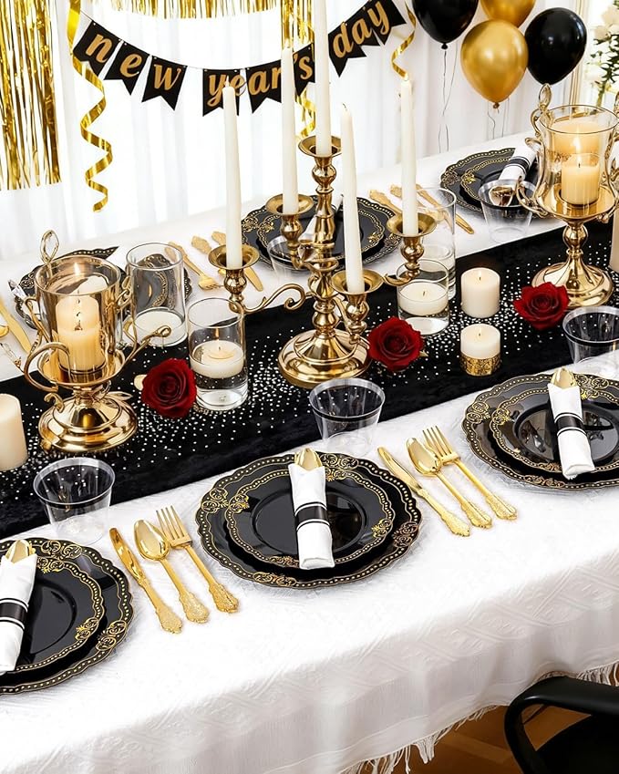 Ciaell 350 PCS Black Plastic Plates - Black and Gold Plates - Black Disposable Plates Include 50 Disposable Plate, 150 Heavy Duty Silverware, 50 Cups, 50 Napkins for Wedding & Party & New Year