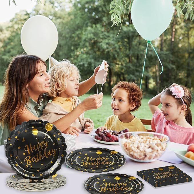 50PCS Happy Birthday Paper Plates and Napkins - 7 Inch Birthday Cake Plates Scalloped Black and Gold Dessert Plates and 6.5 Inch Napkins Disposable Tableware Set, Serves 25