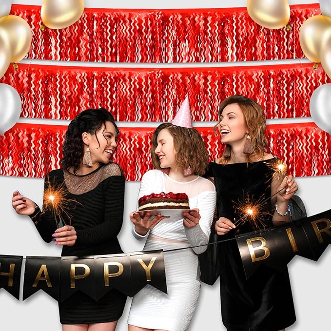 6 Pack 10 Feet Red Wave Foil Fringe Garland Metallic Tinsel Streamers Banner Wall Hanging Curtain Backdrop for Parade Floats, Mother's Day, Easter, Wedding, Birthday Party Decoration