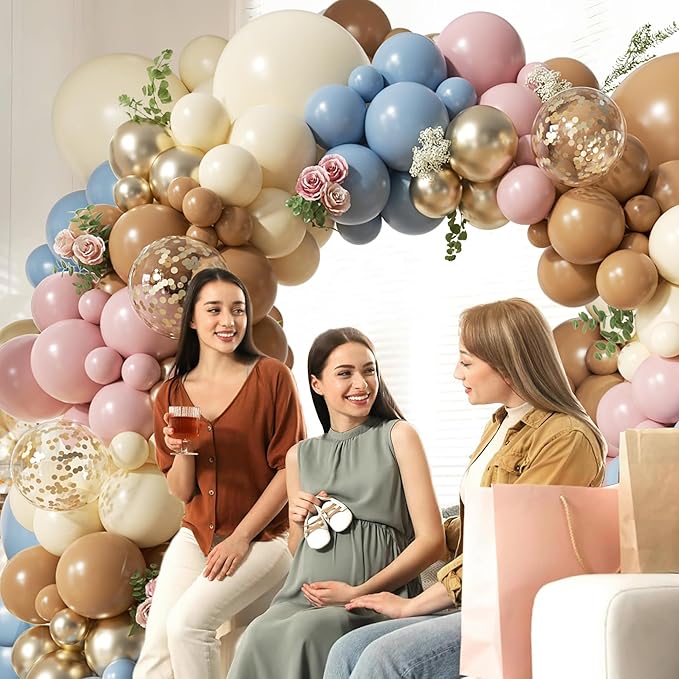 148Pcs Dusty Pink Blue Brown Yellow Balloon Arch Garland Kit, Retro Pink Dusty Blue Brown Pastel Yellow Gold Confetti Balloons for Baby Shower Wedding Engagement Birthday Party Decorations