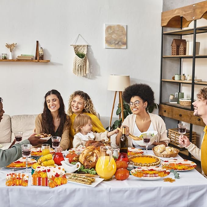 100 Pcs Fall Pumpkin Maple Tableware Party Supplies Set, Serves 25 – Disposable Autumn Harvest Paper Plates, Napkins, and Forks, Thanksgiving Day Dinnerware for Friendsgiving Gatherings Decorations