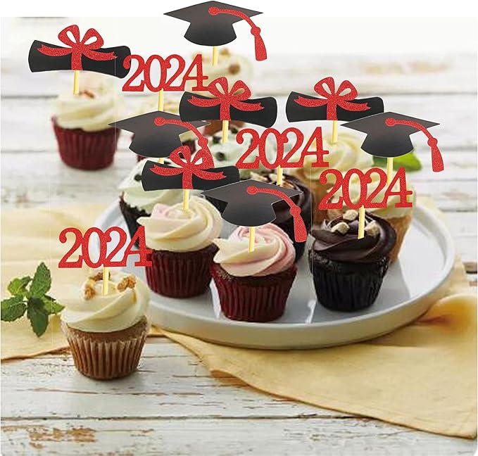 2025 Graduation Cupcake Toppers, 48 PCS Food/Appetizer Picks For Graduation Party Mini Cake Decorations, Diploma, 2025, Grad Cap Set 48 Pieces (03 Red)