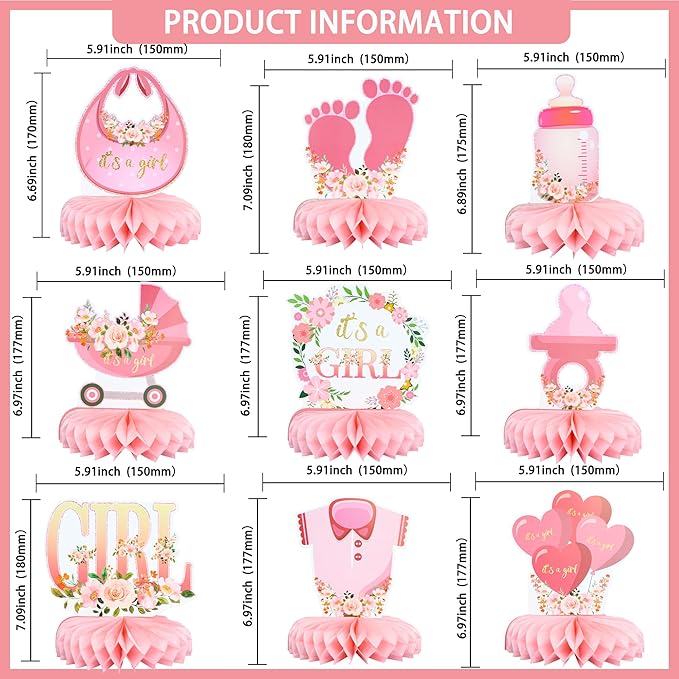 Gyufise 9Pcs Pink Baby Shower Decorations Honeycomb Centerpieces for Girls Floral It's a Girl Gender Reveal Table Centerpiece Party Supplies Baby Girl Pregnancy Announcement Table Topper
