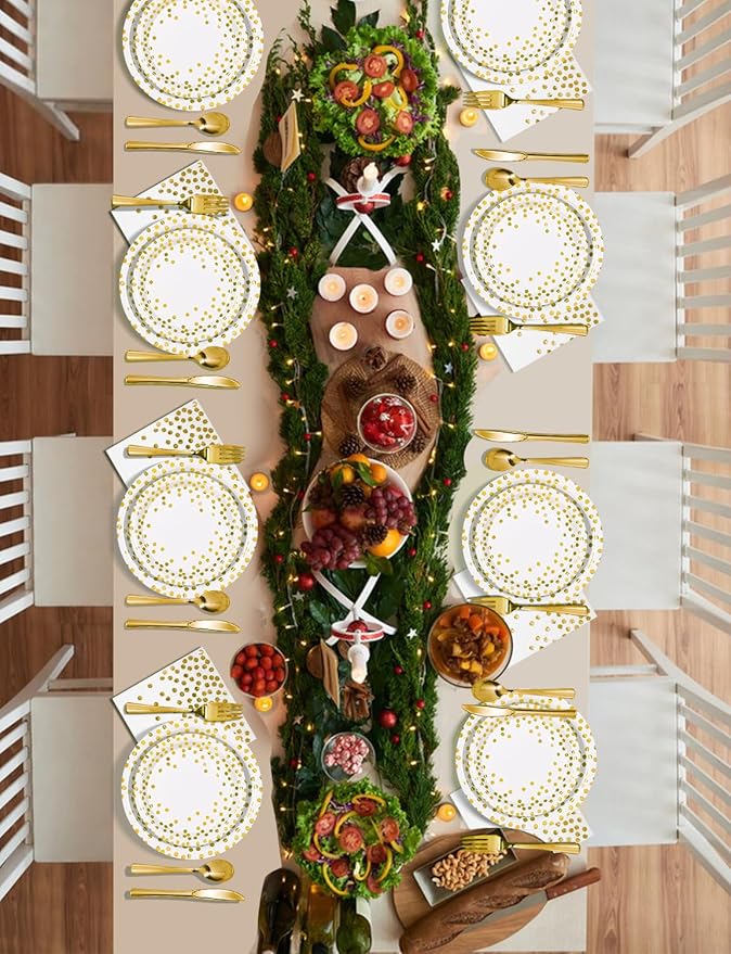 141 Pieces White Gold Party Supplies, Disposable Party Decorations Sets Include Paper Plates Napkins Cups, Plastic Forks Knives Spoons, for Baby Shower Birthday Wedding -20 Guests