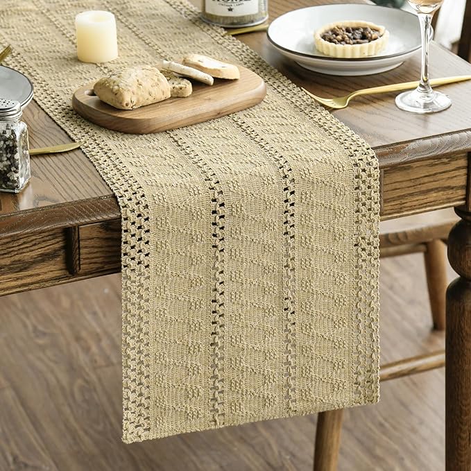 Artoid Mode Burlap Brown Farmhouse Woven Rustic Hollow Table Runner, Seasonal Holiday Kitchen Dining Table Decoration for Home Party Decor 12x36 Inch