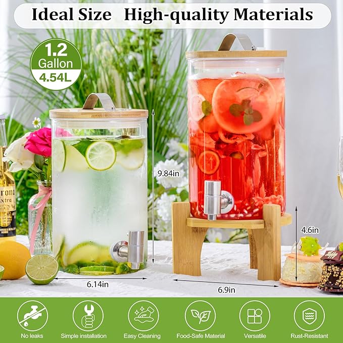 1.2 Gallon Large Glass Drink Dispenser For Parties, Beverage Dispenser with Bamboo Wood Stand and Stainless Steel Spigot, Juice, Lemonade, Water jug dispenser, Laundry Detergent Dispenser (1 PACK)