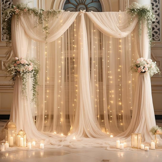 10ft x 10ft Champagne Backdrop Curtain with Lights String for Parties, Sheer Wedding Photo Backdrops Drapes for Baby Shower Birthday Party Decorations Background for Photography
