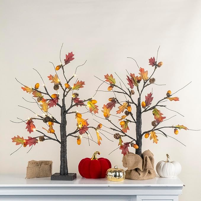 2 Pack Lighted Fall Trees 24in - Battery Operated Autumn Centerpiece with Acorns & Pinecones for Thanksgiving Halloween Decor