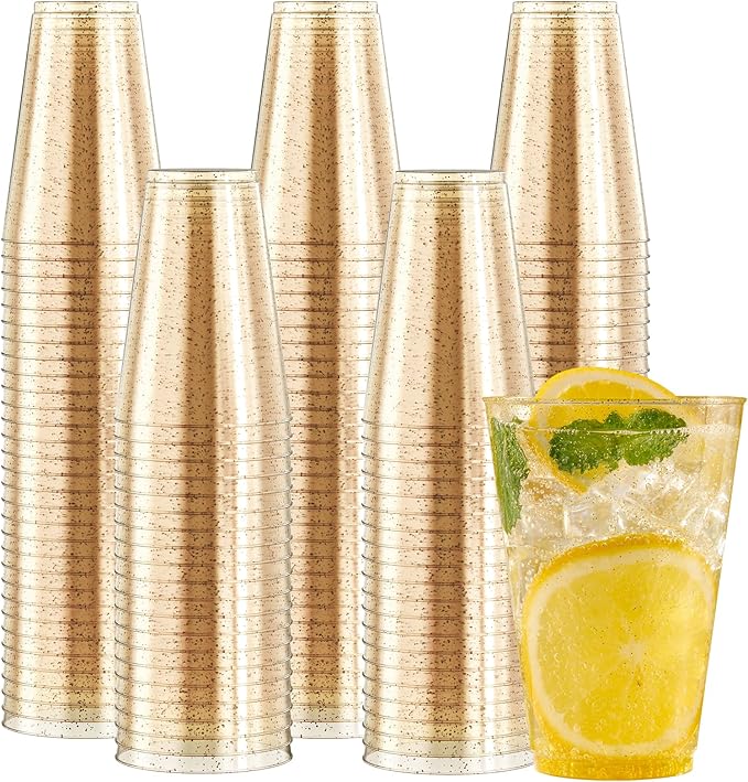 JOLLY CHEF 14 oz 200 Pack Gold Plastic Cups, Gold Glitter Heavy-Duty Disposable Cups Party Cups Tumblers, Ideal for Thanksgiving Wedding & Party