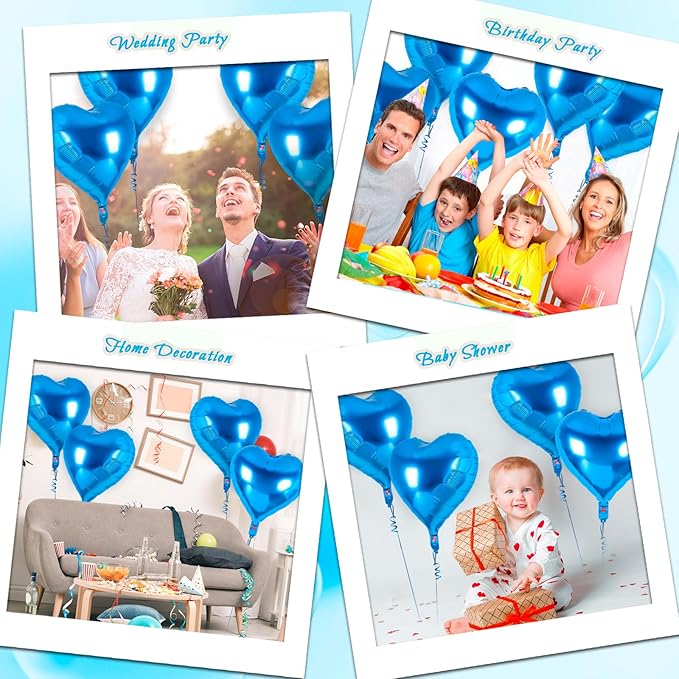 24 Pcs Blue Heart Foil Balloons, 18 Inch Love Shapes for Birthday, Wedding, Engagement, Baby Shower, Valentine's Day Decorations