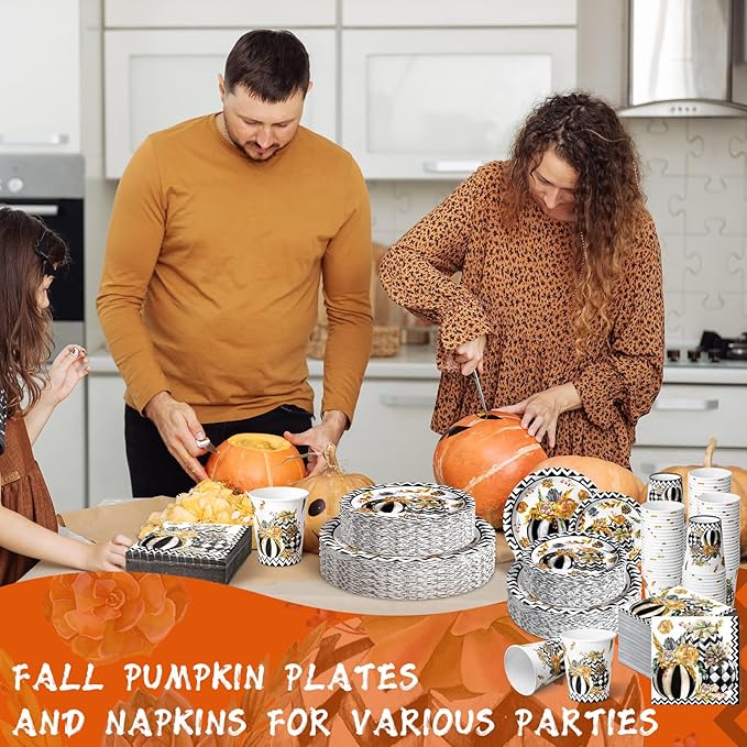 Hsei 250 Pcs Autumn Pumpkin Plates and Napkins Party Decorations Disposable Tableware Sets for Baby Shower Birthday Supplies Serves 50 Guests Dinnerware Bridal Shower Favors