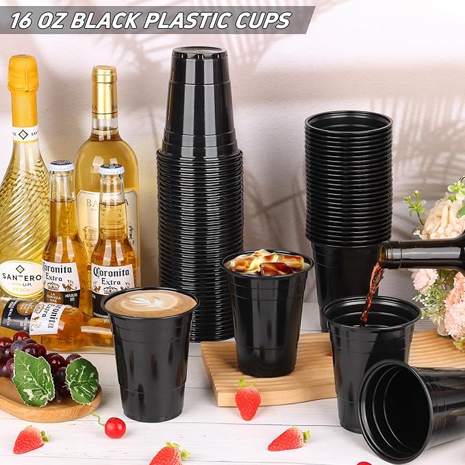 Dualshine 50 Pack Black Plastic Cups 16 oz, Disposable Cups for Party, Heavy Duty Drinking Cups, Graduation Cup for Wedding Birthday Beer Taste Serving Snack Sample Tastings Barbecues Picnic