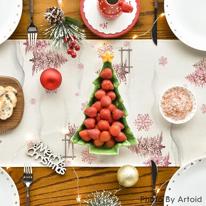 Artoid Mode Xmas Trees Let It Snow Snowman Christmas Table Runner, Seasonal Winter Holiday Kitchen Dining Table Decoration for Home Party Decor 13x72 Inch