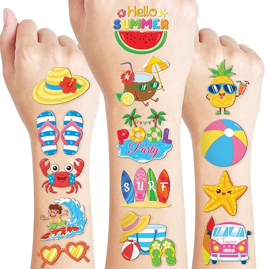 96 PCS Hello Summer Beach Pool Hawaiian Pre-Cut Temporary Tattoos for Kids | Super Cute Themed Birthday Party Favors, Supplies, Decorations, Fake Tattoo Stickers (Multiple)