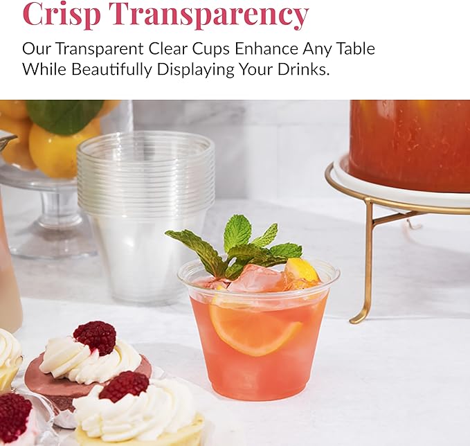 Prestee Clear Plastic Cups – 9oz Disposable PET Water, Wine, and Drink Glasses – Crystal Clear, Durable, Recyclable Party Cups – 100 Count for Holiday, Events, Coffee Shops, Restaurants