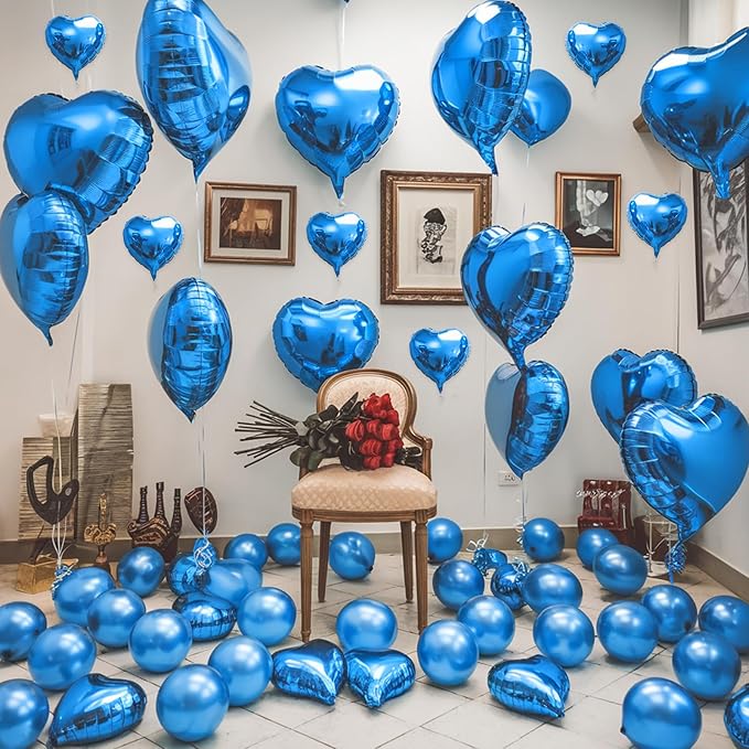 Blue Heart Balloons, 19PCS Blue Heart Shape Balloons, 18Inch with 10Inch Helium Foil Balloon Love Balloon for Birthday Wedding Engagement Valentines Party Anniversary Decorations