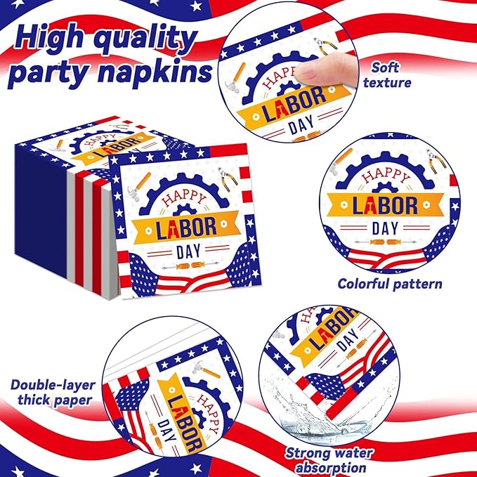 96 Pcs Labor Day Party Supplies for 24 Guests Labor Party Tableware Plates Napkins American Holiday Patriotic Dinnerware Table Decorations Happy Labor Day Party Favor for USA Independence Day