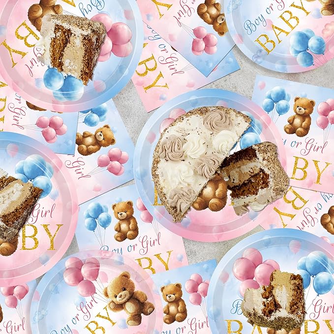 140 Pcs Bear Gender Reveal Decorations Plates Cups and Napkins Sets Boy Or Girl Gender Reveal Decorations Serves 20