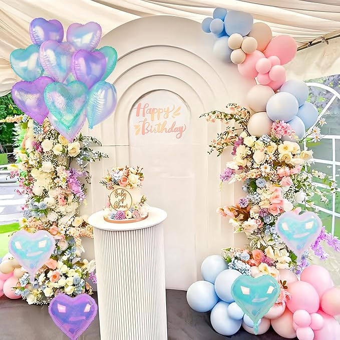 Iridescent Heart Balloons, 12Pcs 18Inch Transparent Crystal Heart Foil Balloon, Gradient Iridescent Pink Purple Green Balloon for Girls Women Princess Mermaid Birthdays Wedding Easter Party Decoration