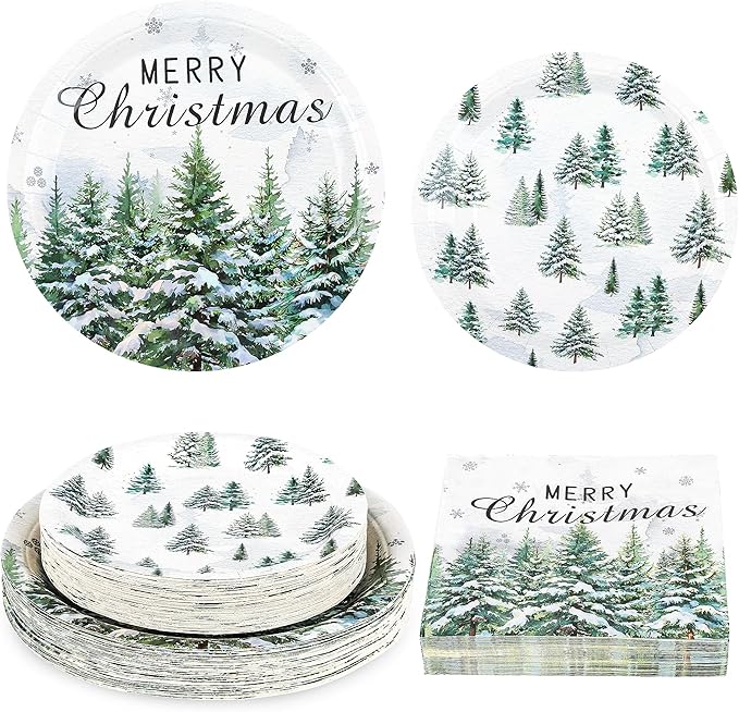 150Pcs Christmas Paper Plates and Napkins Set, Xmas Disposable Party Dinnerware with Merry Green Tree Design, Holiday Tableware Winter Supplies,Serves 50