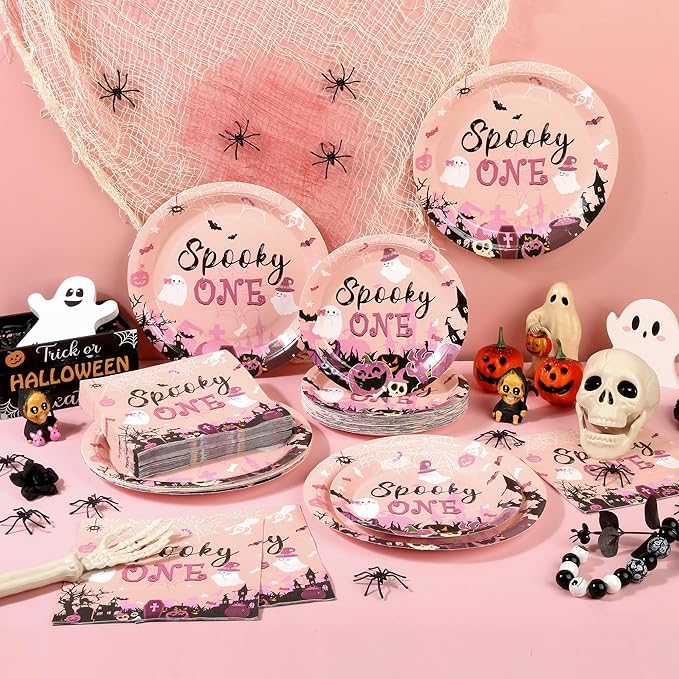 150Pcs Halloween Spooky One Birthday Decorations Pink Cute Halloween Plates and Napkins Pink Ghost Baby Shower Plates Disposable for Hallowen Girl 1st Birthday Party Supplies,Serves 50