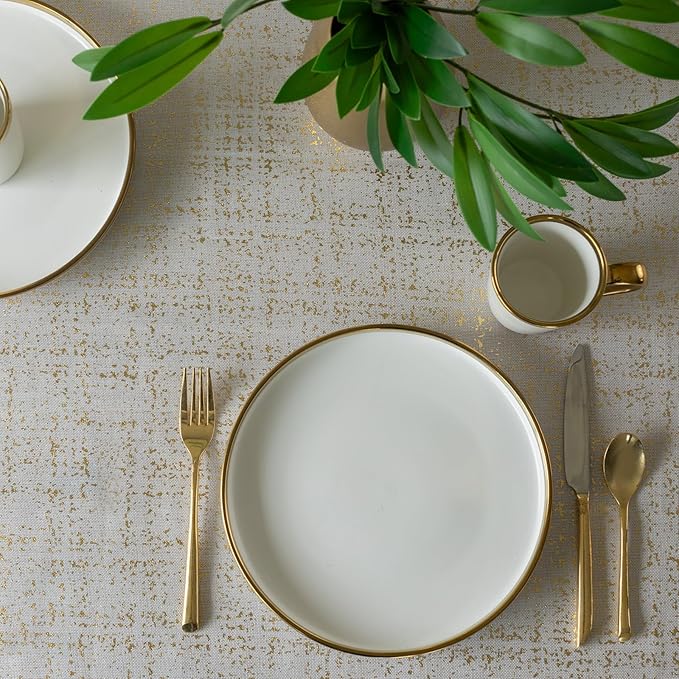 Benson Mills Gold Mine Foil Printed Fabric Table Cloth, Holiday, Winter, Thanksgiving, and Christmas Tablecloth (52" x 70" Rectangular, Gold Mine Ivory/Gold)