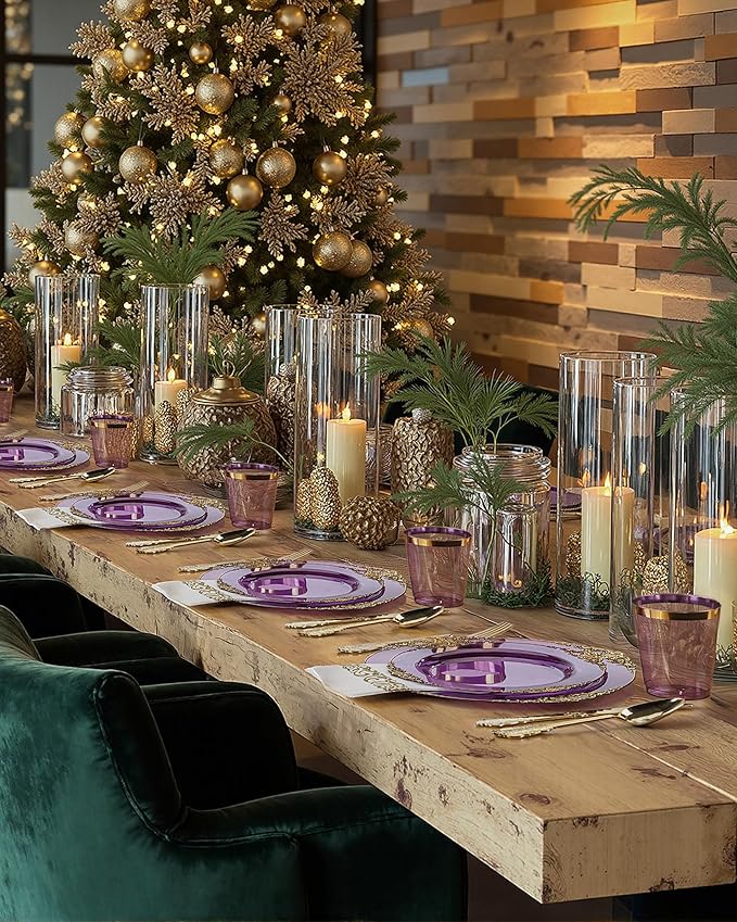 Nervure 175PCS Clear Purple Plastic Plates - Purple Party Plates Set for 25 Guests Include 25Dinner Plate, 25Dessert Plate, 25Cups, 75 Cutlery, 25Napkins Perfect for Wedding & Party & New Year