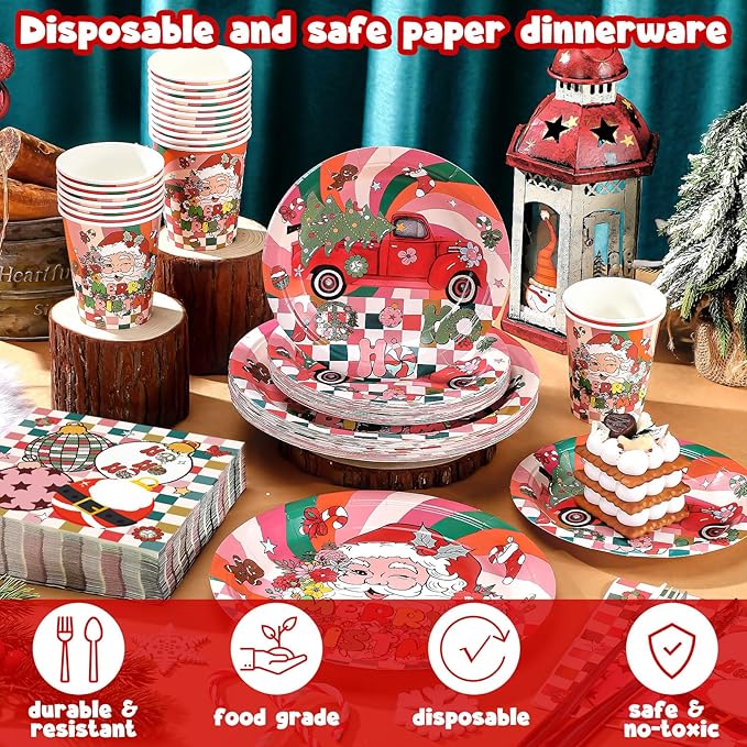 Hsei 250 Pcs Groovy Christmas Plates and Napkins Party decorations Disposable Tableware Sets Baby Shower Birthday Party Supplies Serves 50 Guests Dinnerware Bridal Baby Shower Party Favors