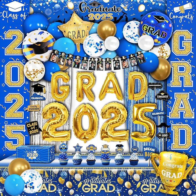 125 PCS Blue and Gold Graduation Party Decorations, 2025 Graduation Decorations, Class of 2025 Full Decor Set, Comgrats Grad Photo Banners, Tablecloth, Balloons, Cake Toppers