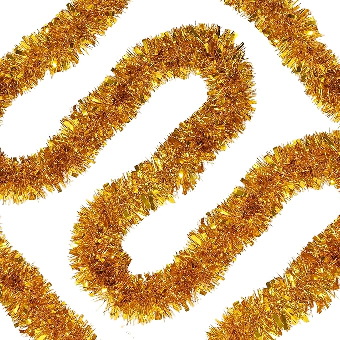 50FT Gold Christmas Tinsel Garland Metallic Twist Xmas Garland for Christmas Tree Decorations Holiday Hanging Garlands for Mantel Staircase Indoor Outdoor Home Office Class Party Holiday Decor