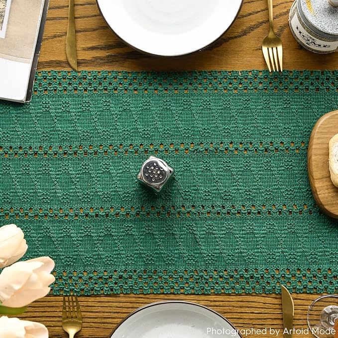 Artoid Mode Dark Green Farmhouse Woven Rustic Hollow Table Runner, Seasonal Holiday Hollow Kitchen Dining Table Decoration for Home Party Decor 12x108 Inch