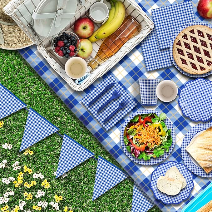 Gatherfun Gingham Blue and White Party Supplies Disposable Paper Plates Napkins Cups Knives Spoons Forks Tablecloth Banner for Birthday Party Family Dinner Picnic Barbecue Father's Day Party, Serve 25