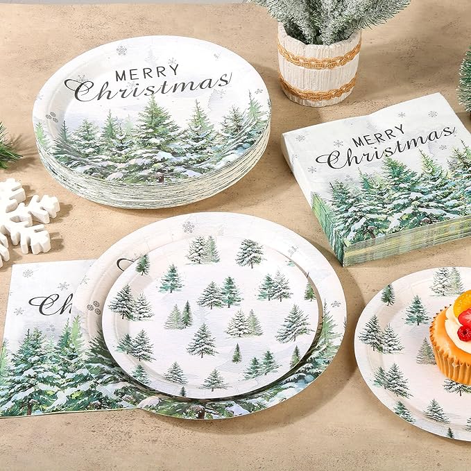 150Pcs Christmas Paper Plates and Napkins Set, Xmas Disposable Party Dinnerware with Merry Green Tree Design, Holiday Tableware Winter Supplies,Serves 50