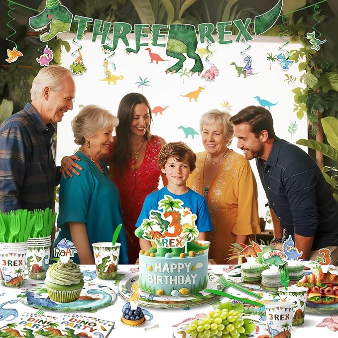 3rd Birthday Dinosaur Decorations Set - 197 Pcs Serves 24, 3-Rex Theme Kit with Tablecloth, Banner, Balloons Tableware & Cake Toppers