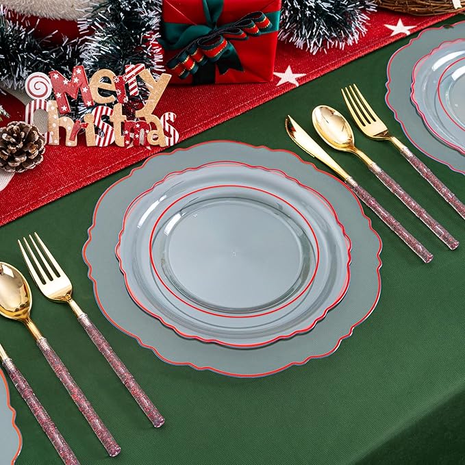 Liacere 150PCS Clear and Red Plastic Plates-Clear Red Disposable Plates with Glitter Bamboo Handle Cutlery-60 Baroque Elegant Plates,30 Forks,30 Spoons,30 Knives for Wedding&Christmas