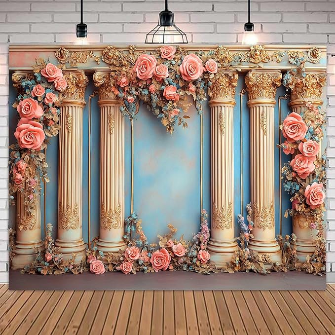 Romantic Pink Flower Background Indoor Pink and Blue Backdrop Palace Wedding Photo Backdrop for Bridal Shower Portrait Pageant Pageant Engagement Photography Backdrops YUNBDJ1850